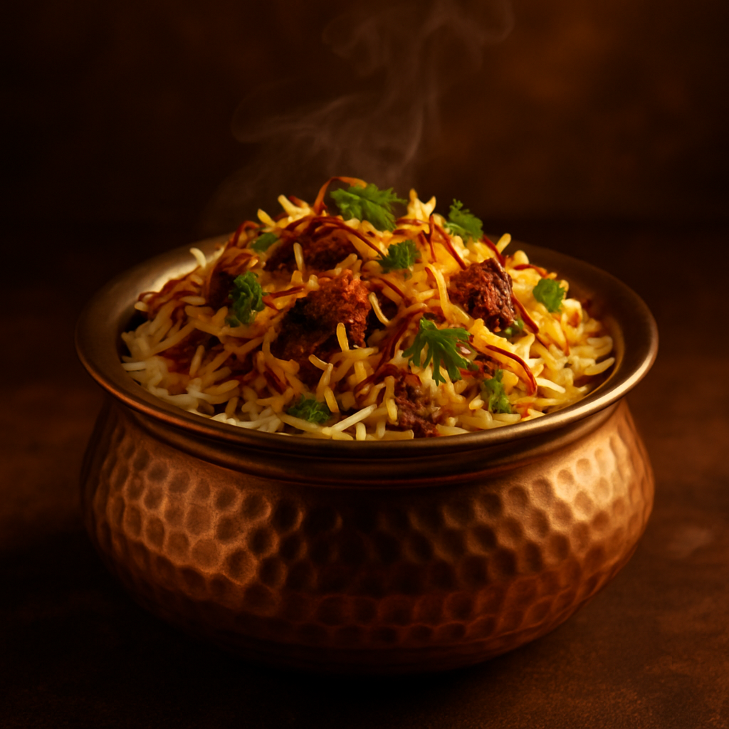 Aromatic biryani served in a copper pot with herbs