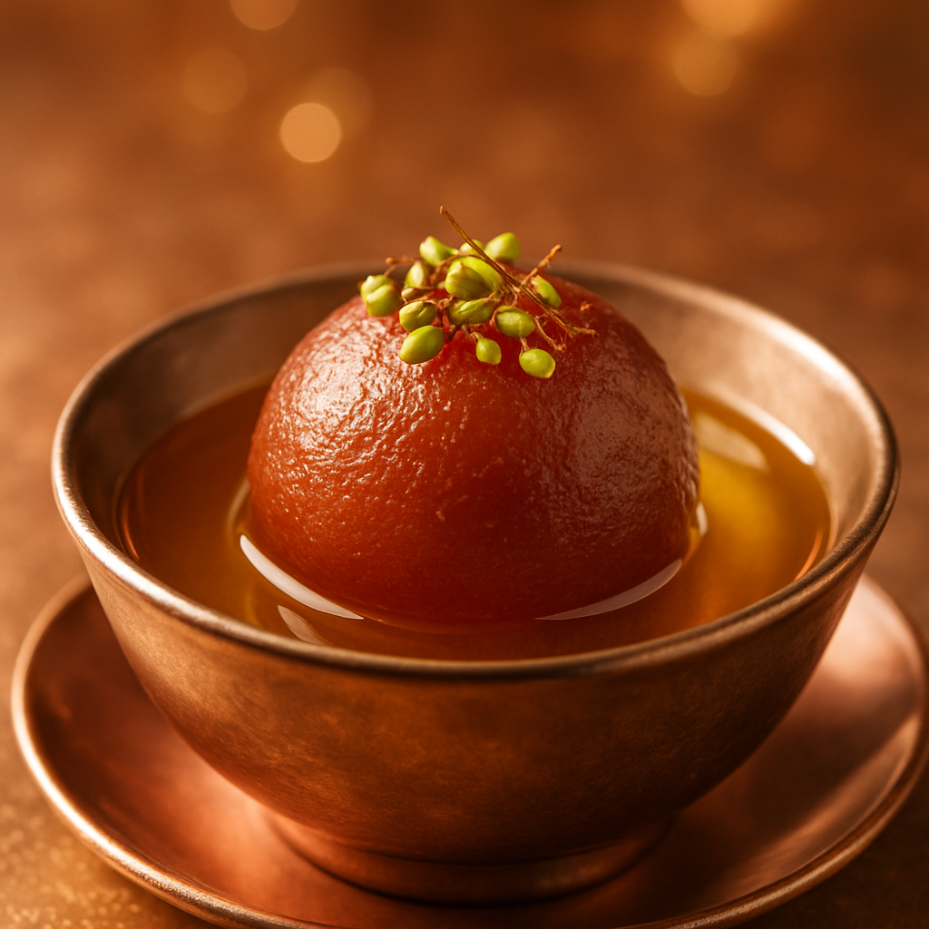 Gulab jamun dessert with saffron and pistachio garnish