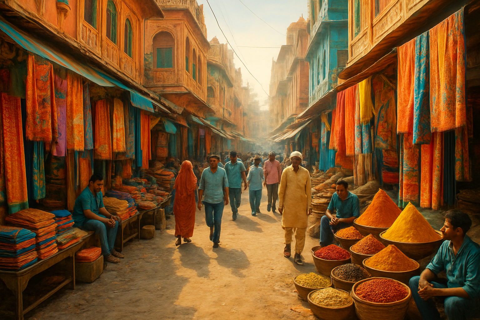 Colorful Indian market street with spices, textiles, and heritage architecture in warm light