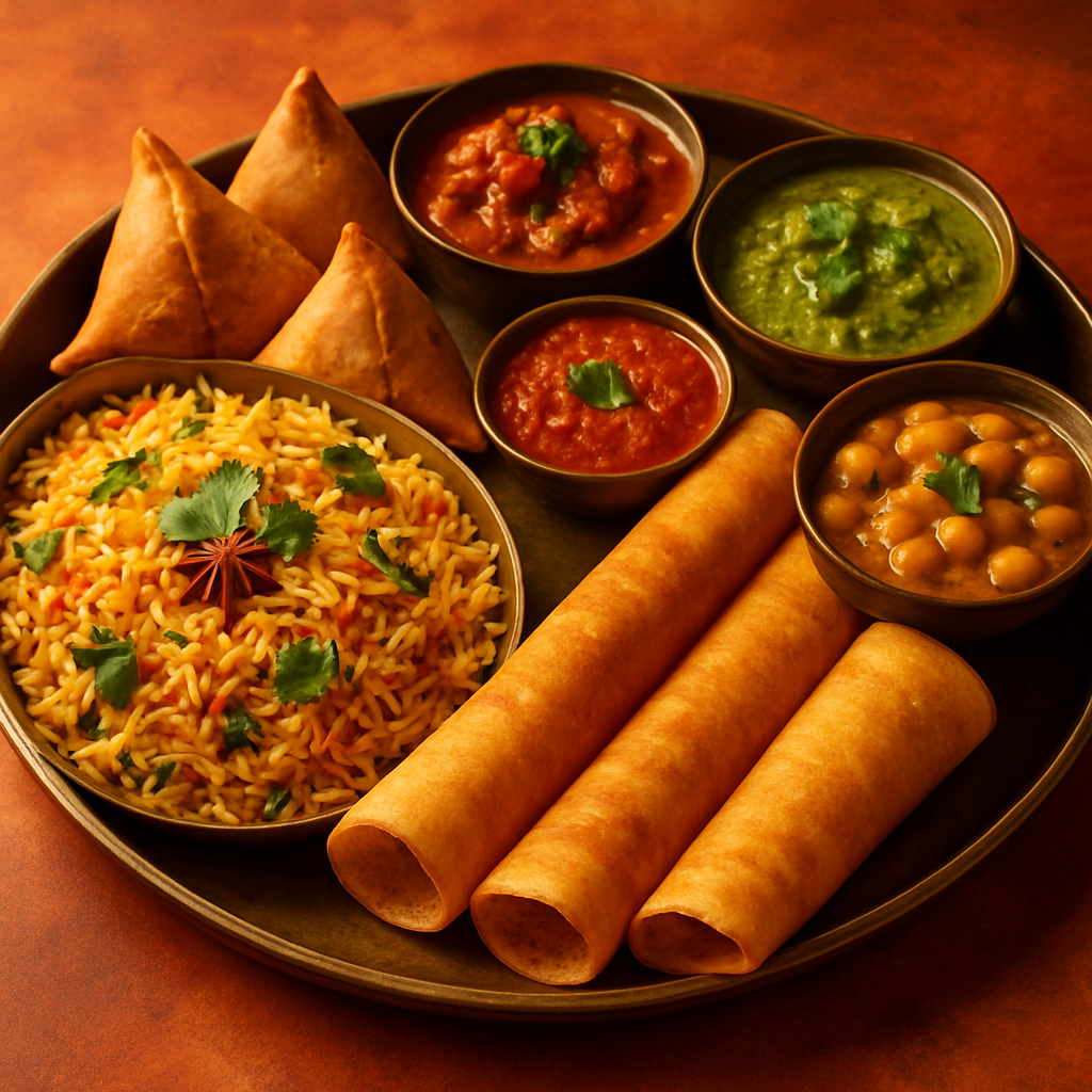 Colorful Indian thali with biryani, dosas, samosas, and curries