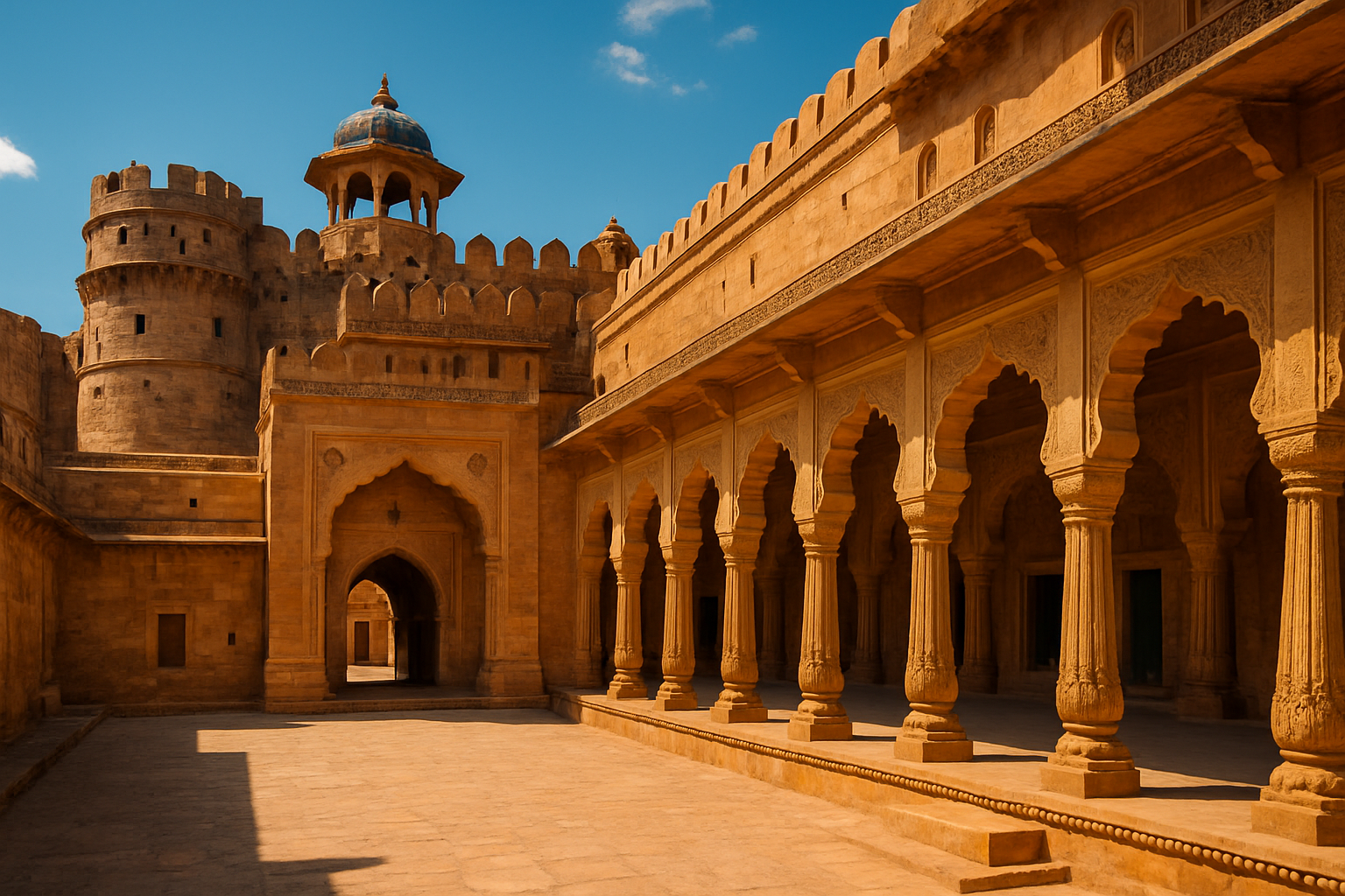Historic sandstone fort in India under a bright sky