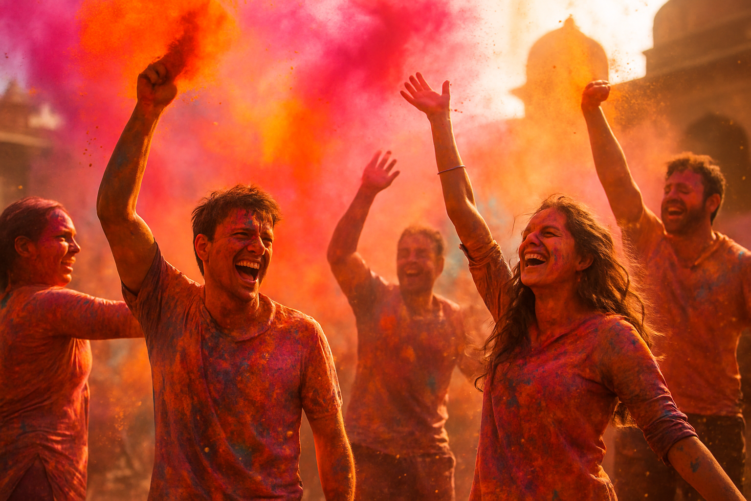 Holi festival scene in India with celebrants tossing vivid colored powders in sunlight