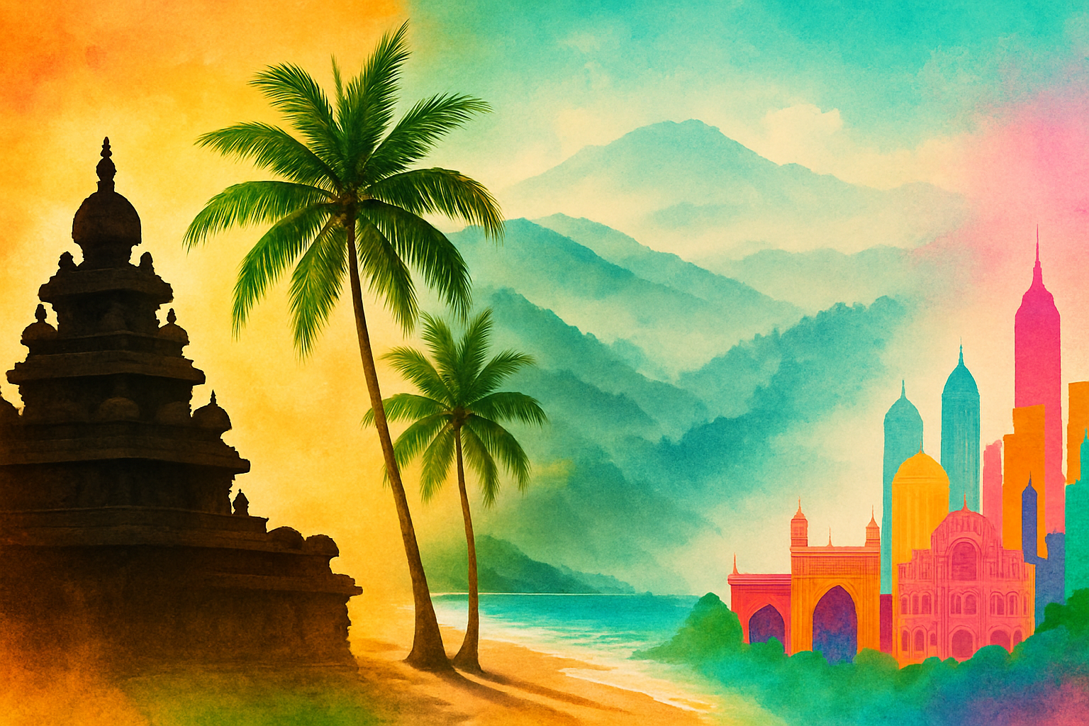 Collage of Indian temples, beaches, mountains, and a colorful city skyline