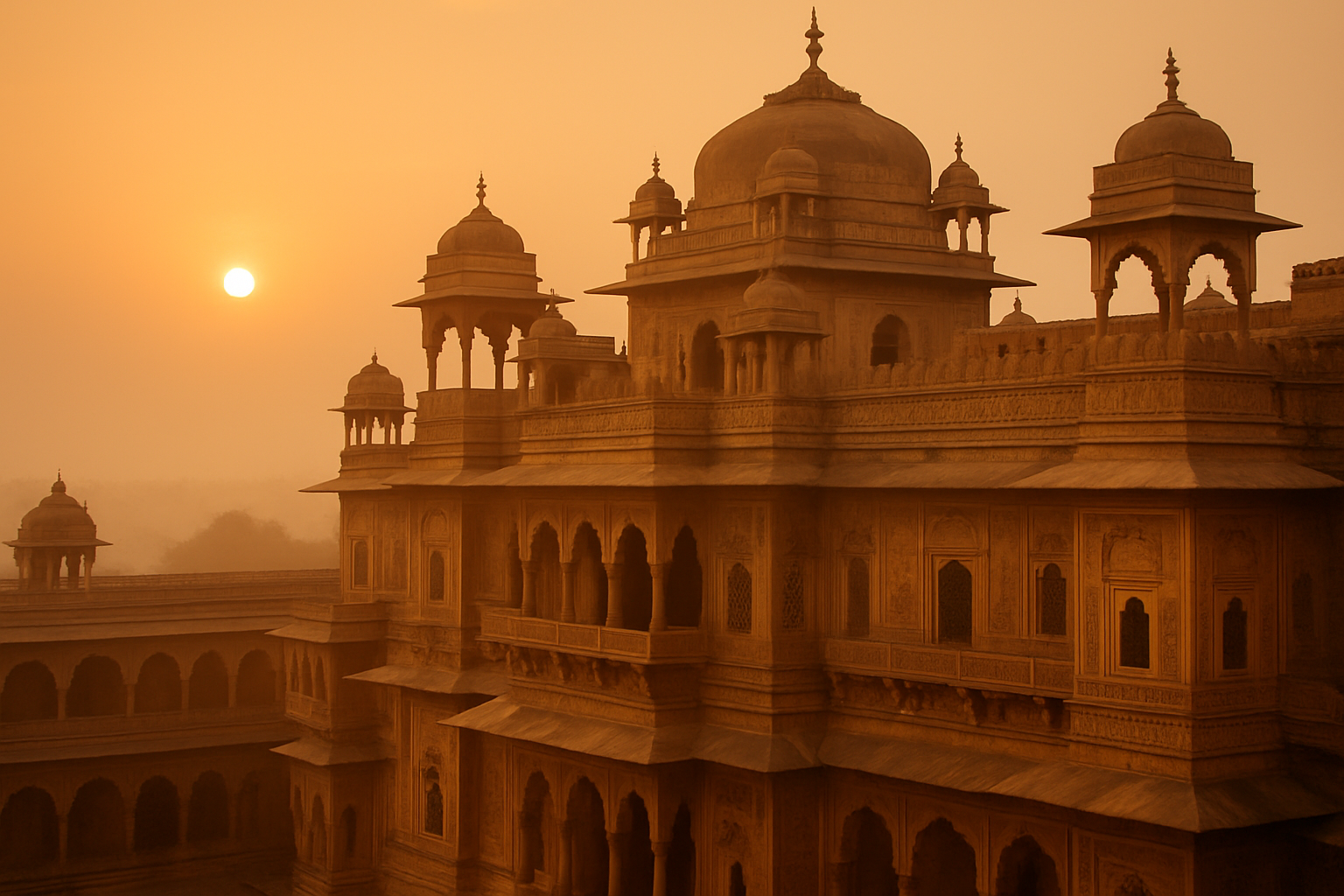 Sunrise view of a palace with intricate stonework in India