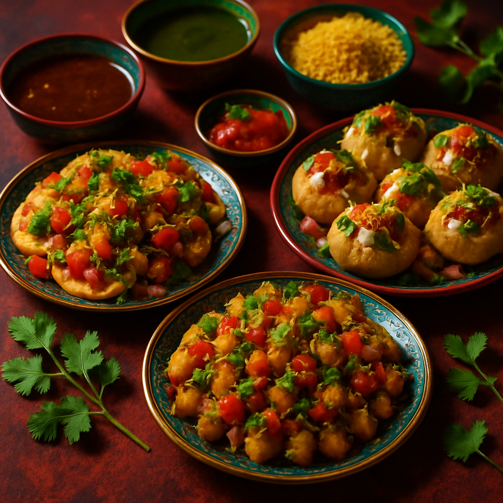 Colorful chaat plates with chutneys and crunchy toppings
