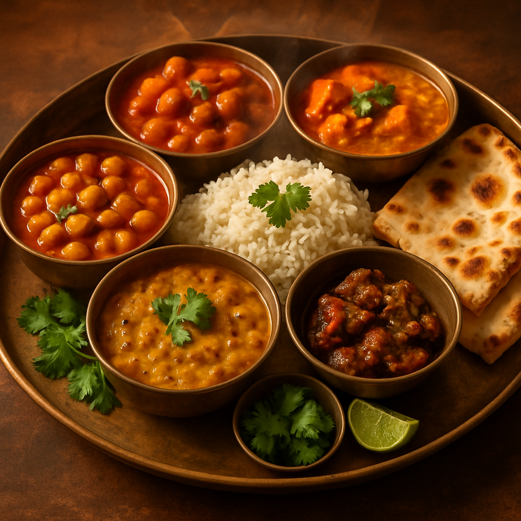 Traditional Indian thali with vibrant curries, rice, and breads