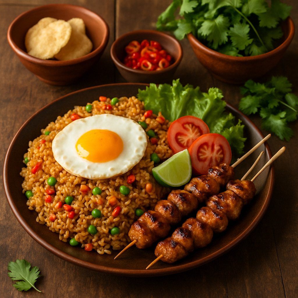 Colorful Indonesian meal with nasi goreng, satay skewers, and fresh herbs