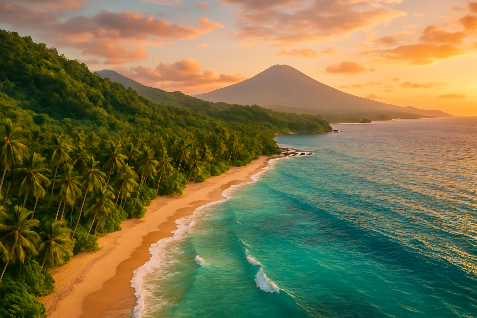 Tropical Indonesian coastline with turquoise water, lush jungle hills, a volcano in the distance, and a small temple on the shore