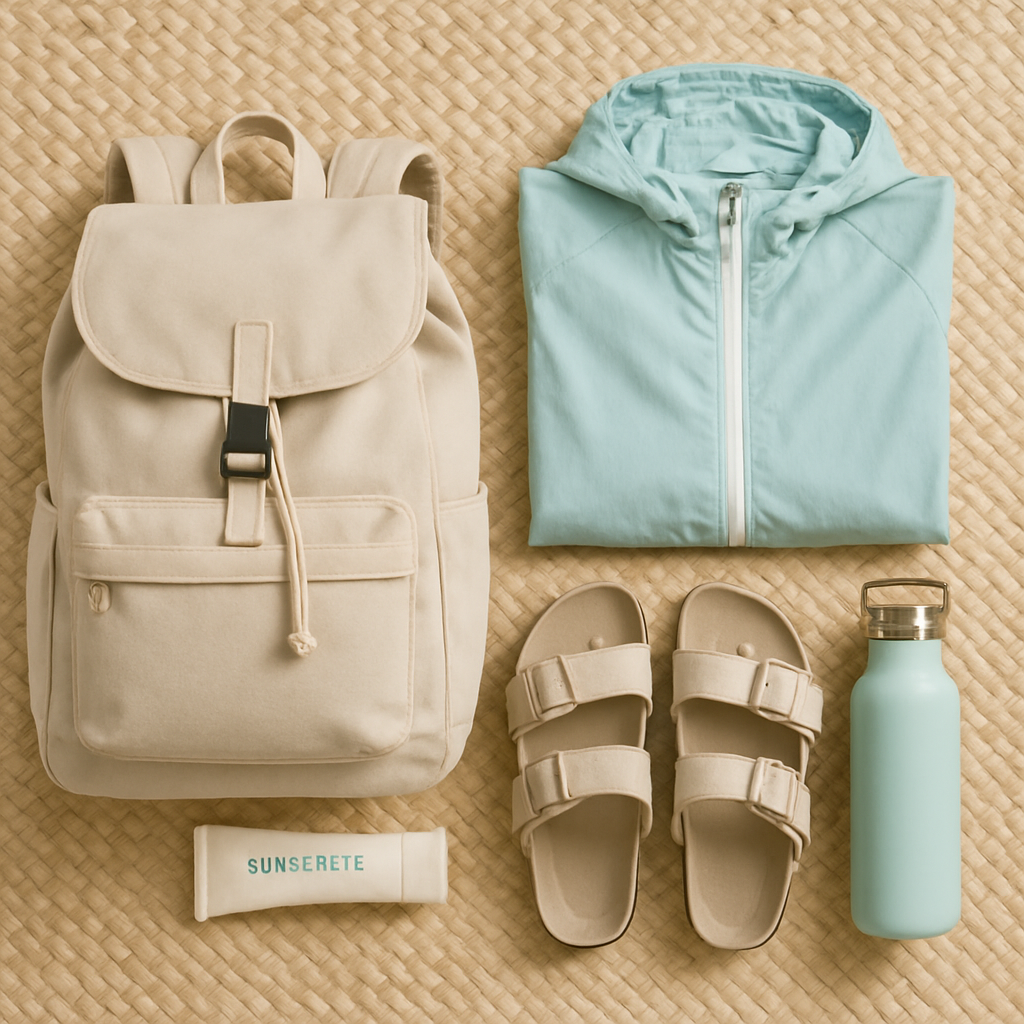 Traveler backpack with light rain jacket, sandals, and sunscreen laid out
