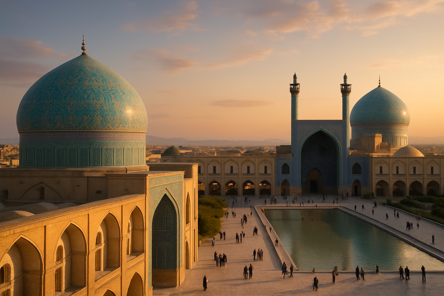 Historic square and blue-tiled architecture in Iran