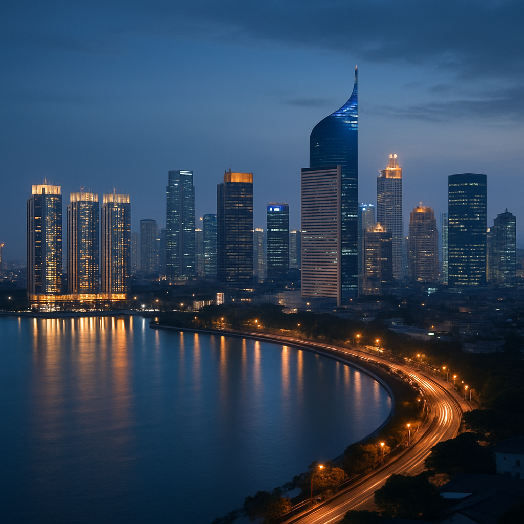 Modern Jakarta skyline at dusk with city lights and a coastal bay