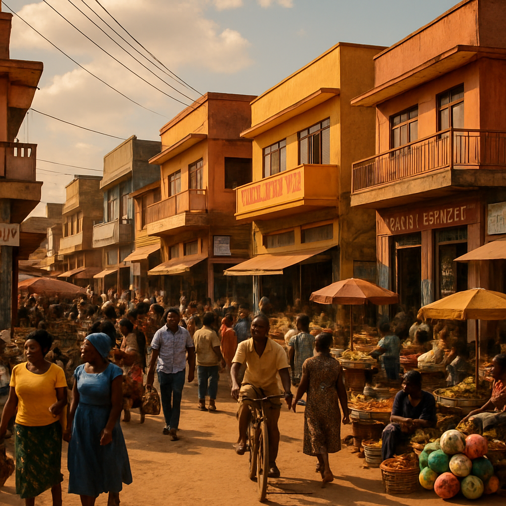 Busy Kampala skyline with colorful buildings and a bustling street market in warm afternoon light