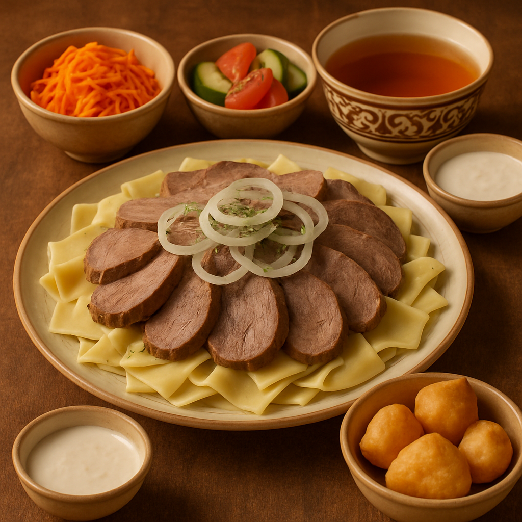 Traditional Kazakh meal with beshbarmak and side dishes