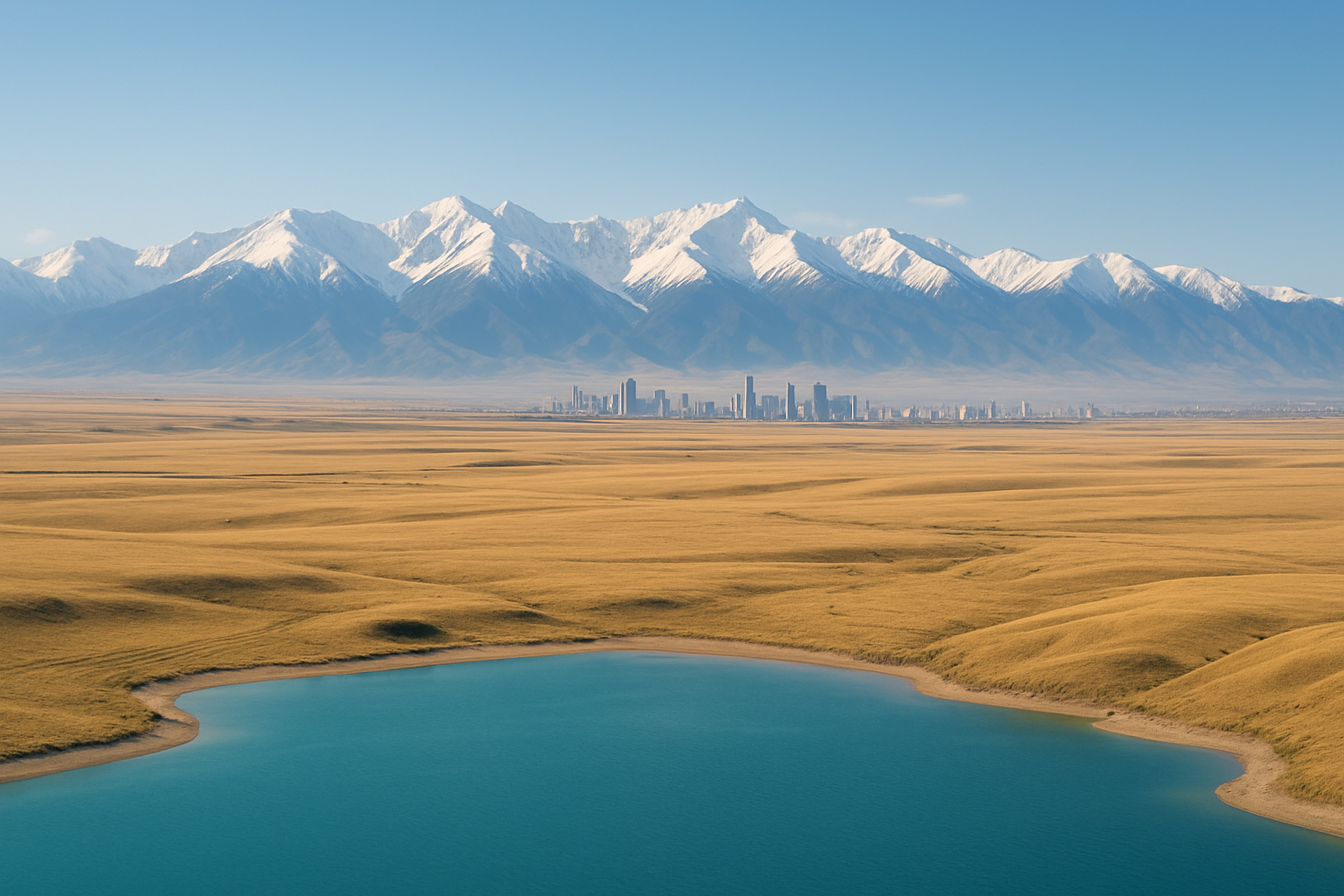 Vast Kazakhstan steppe with snow-capped mountains, a modern skyline, and a clear blue lake