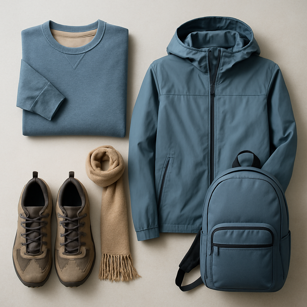 Travel essentials for Kazakhstan including layered clothing and hiking shoes