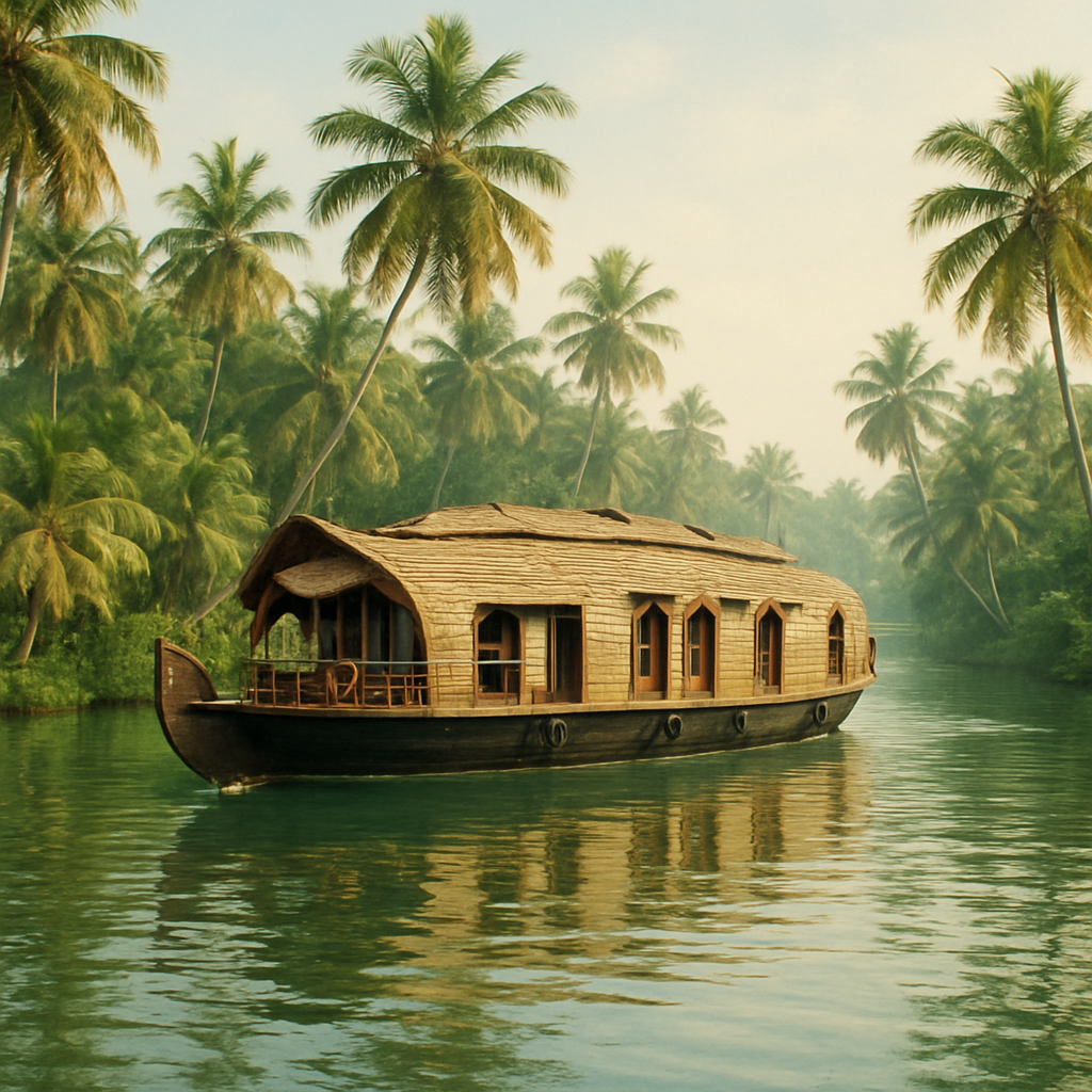 Houseboat cruising Kerala backwaters with lush palms