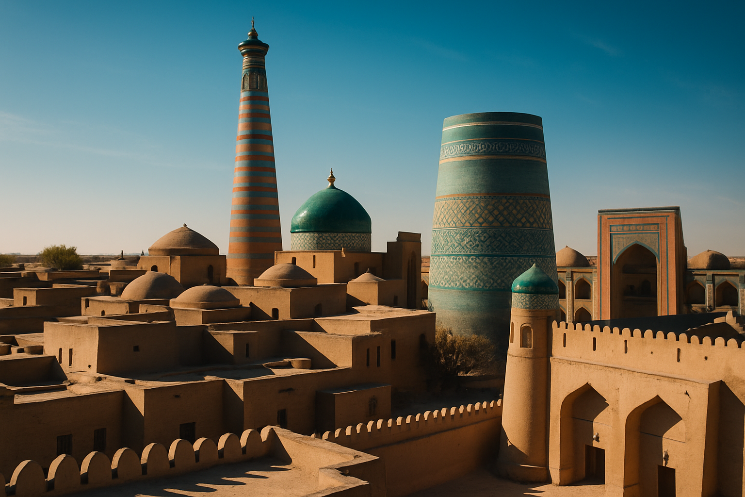 Khiva city walls and turquoise minarets under a clear sky