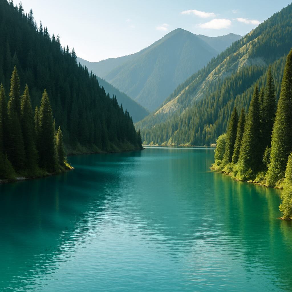 Kolsai Lakes with turquoise water and pine forest
