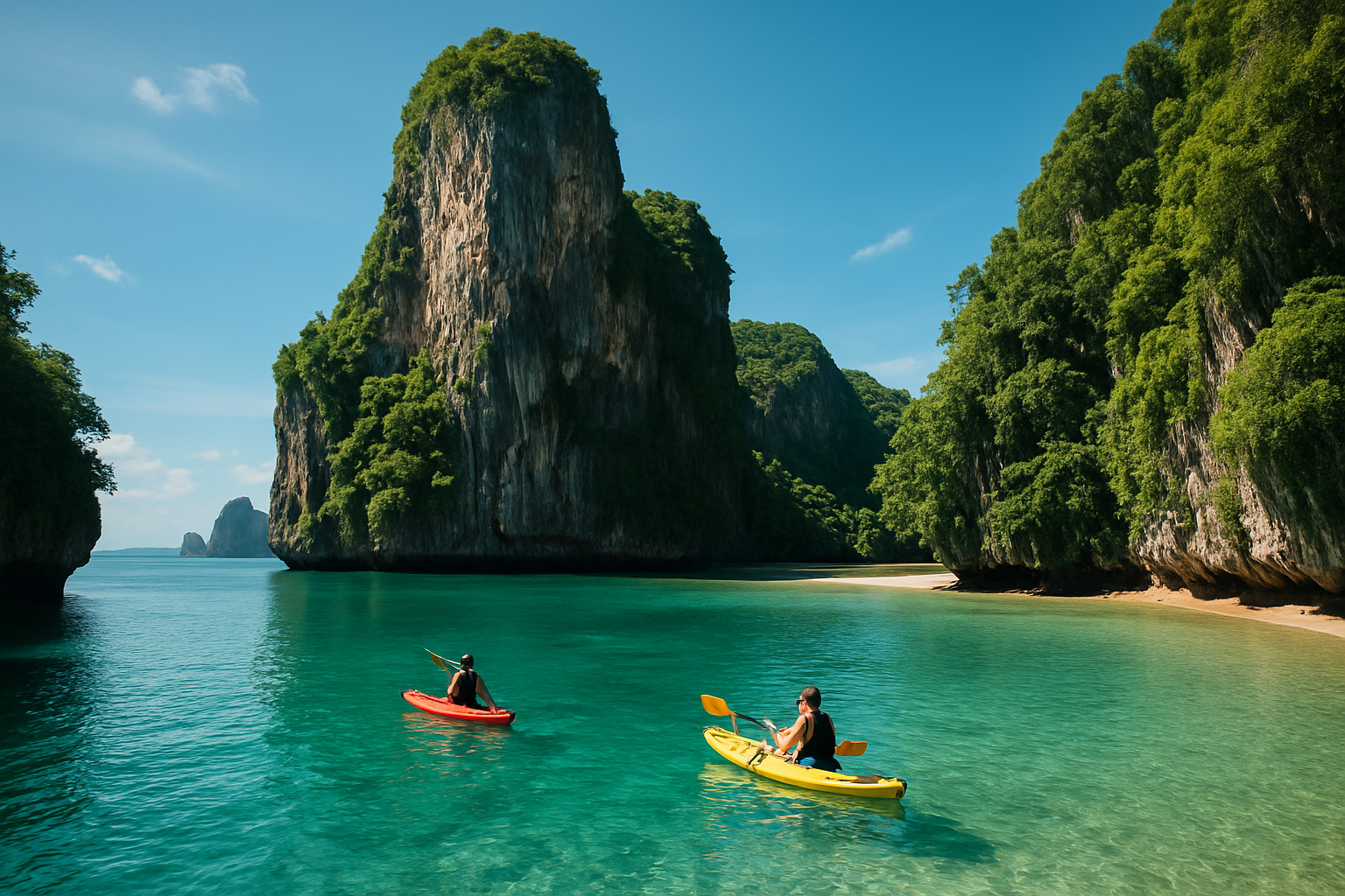 Krabi limestone cliffs rising above clear sea with kayaks
