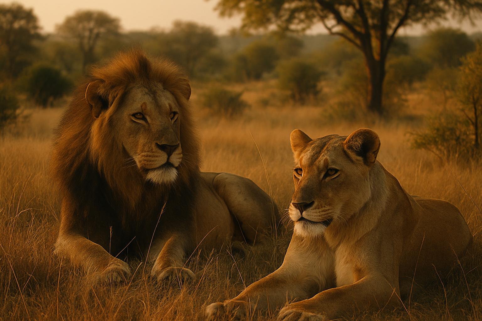 Kruger National Park safari scene with lions in golden grass