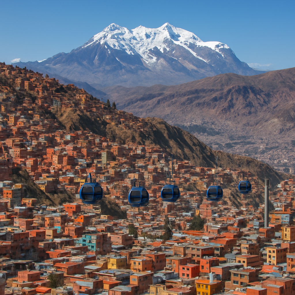 La Paz cityscape with cable cars and surrounding mountains