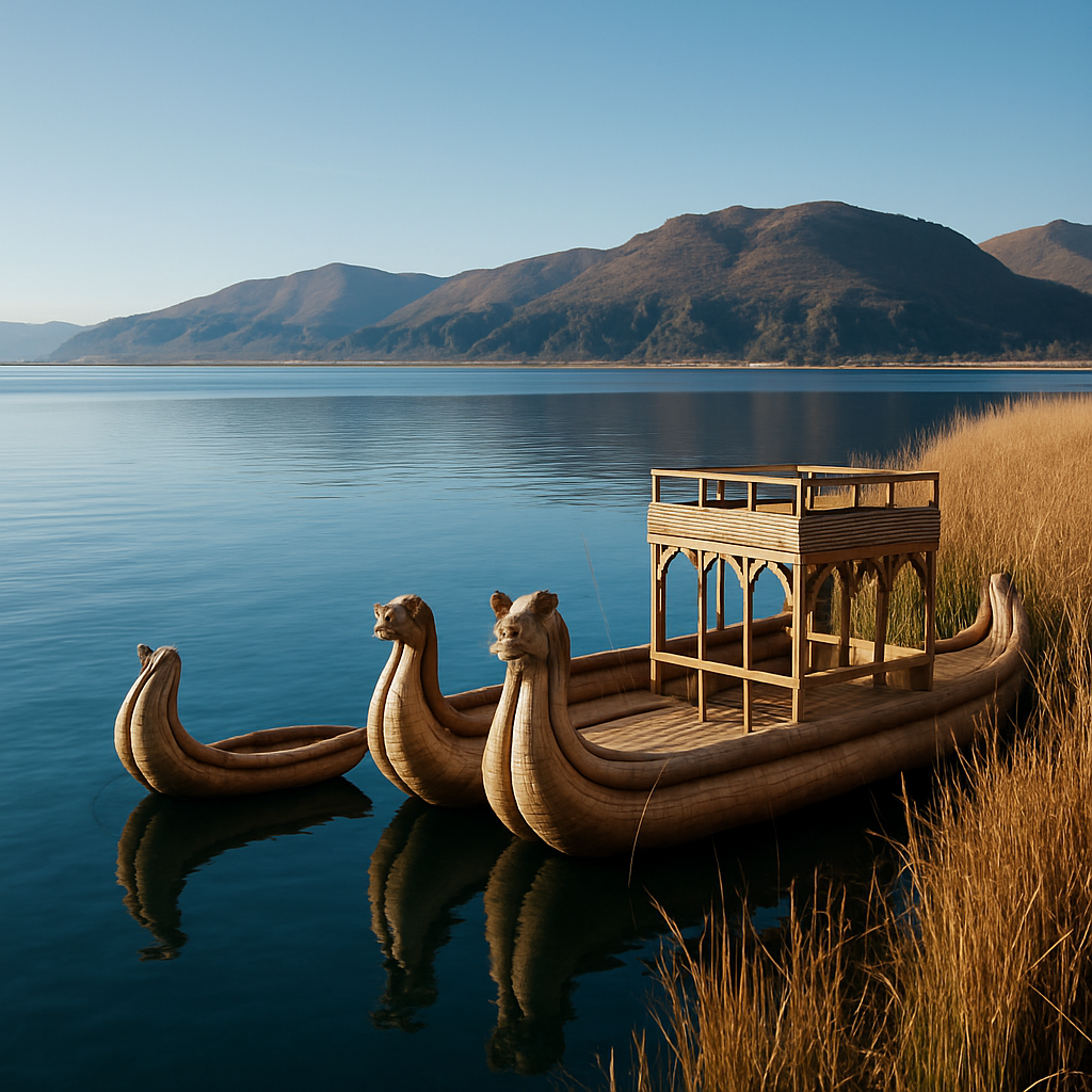 Lake Titicaca with traditional reed boats and mountain backdrop