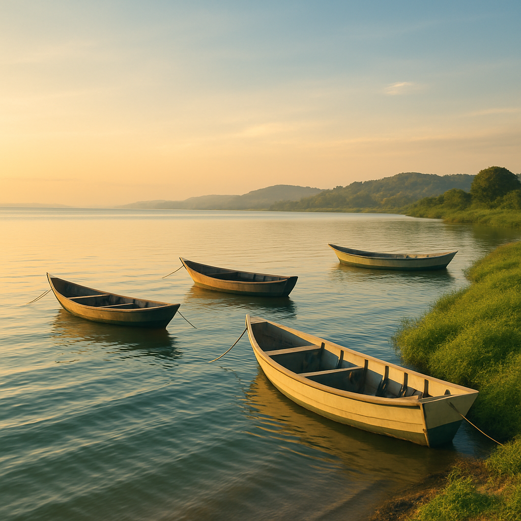 Tranquil Lake Victoria shoreline with fishing boats and soft blue water