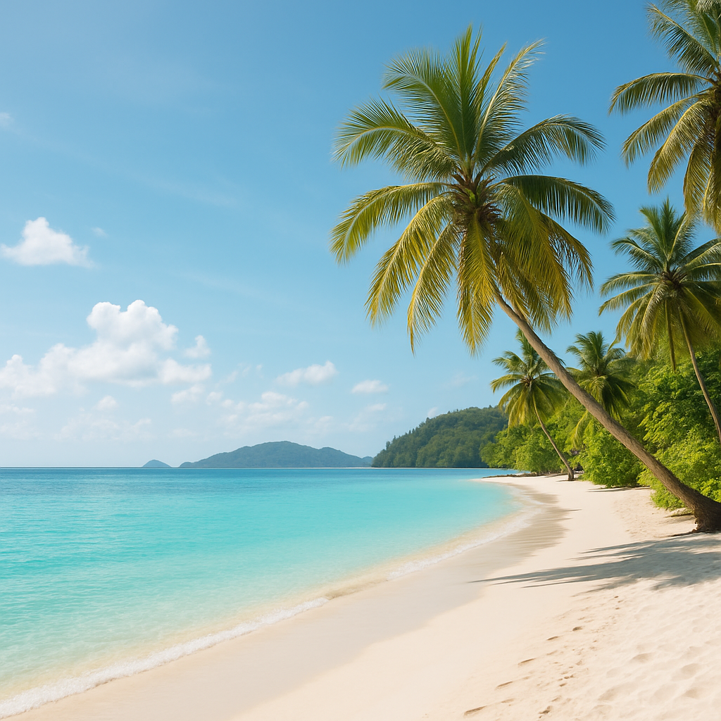 Langkawi turquoise beach with palm trees and calm sea