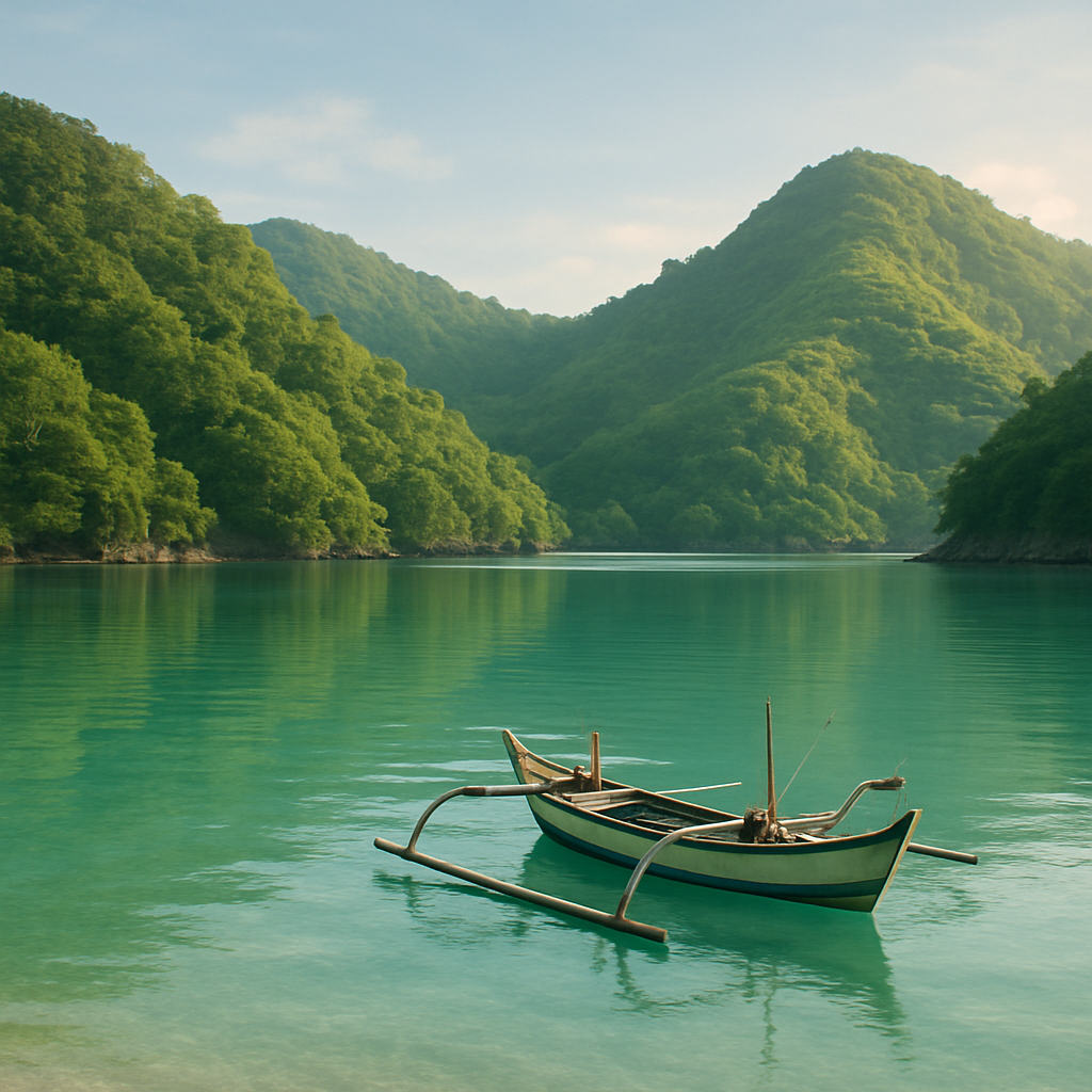 Quiet Lombok lagoon with green hills and a small fishing boat
