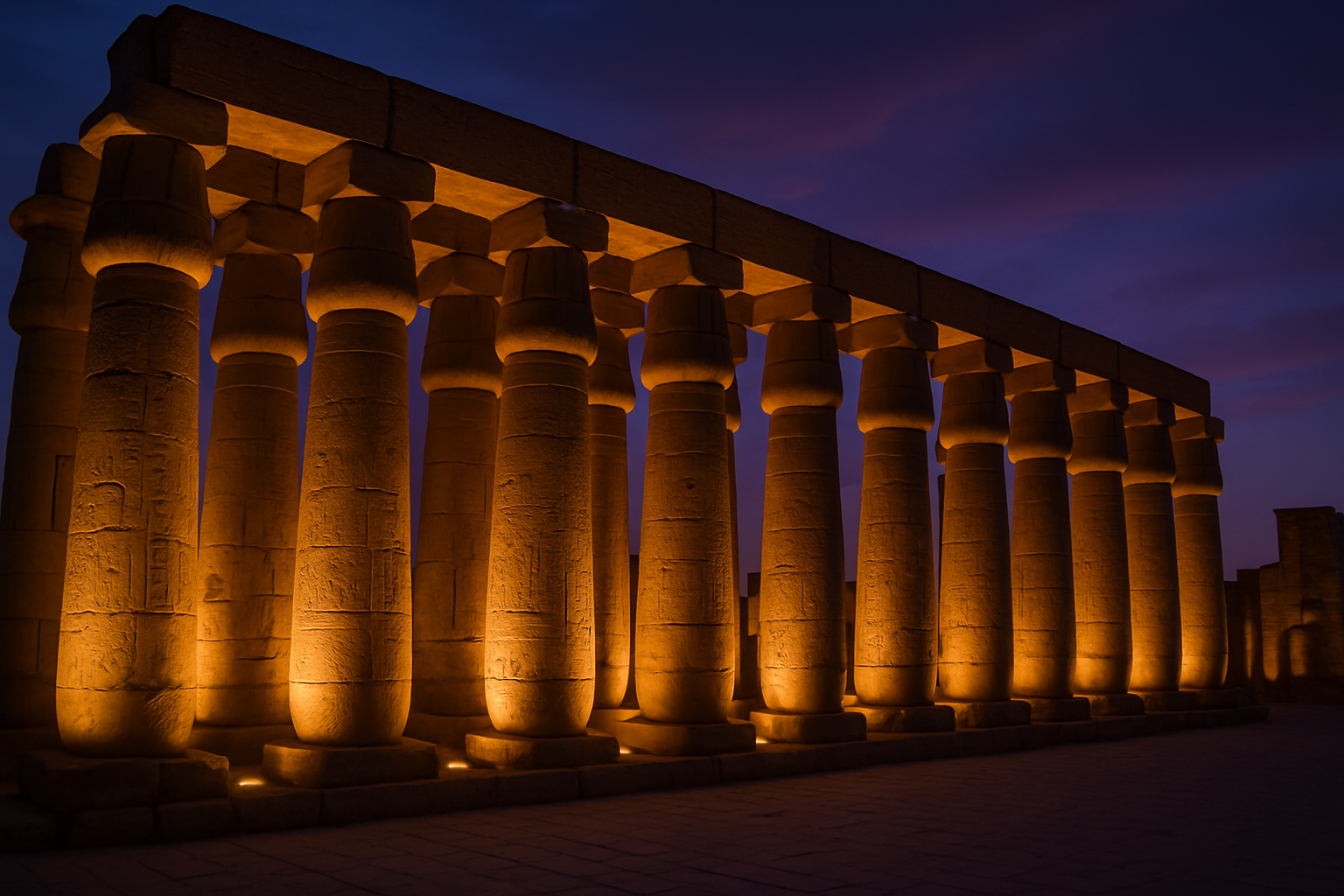 Luxor Temple columns illuminated at dusk