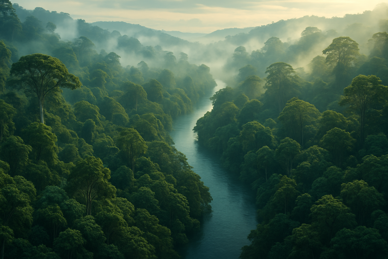Mist rising over Borneo rainforest canopy with river