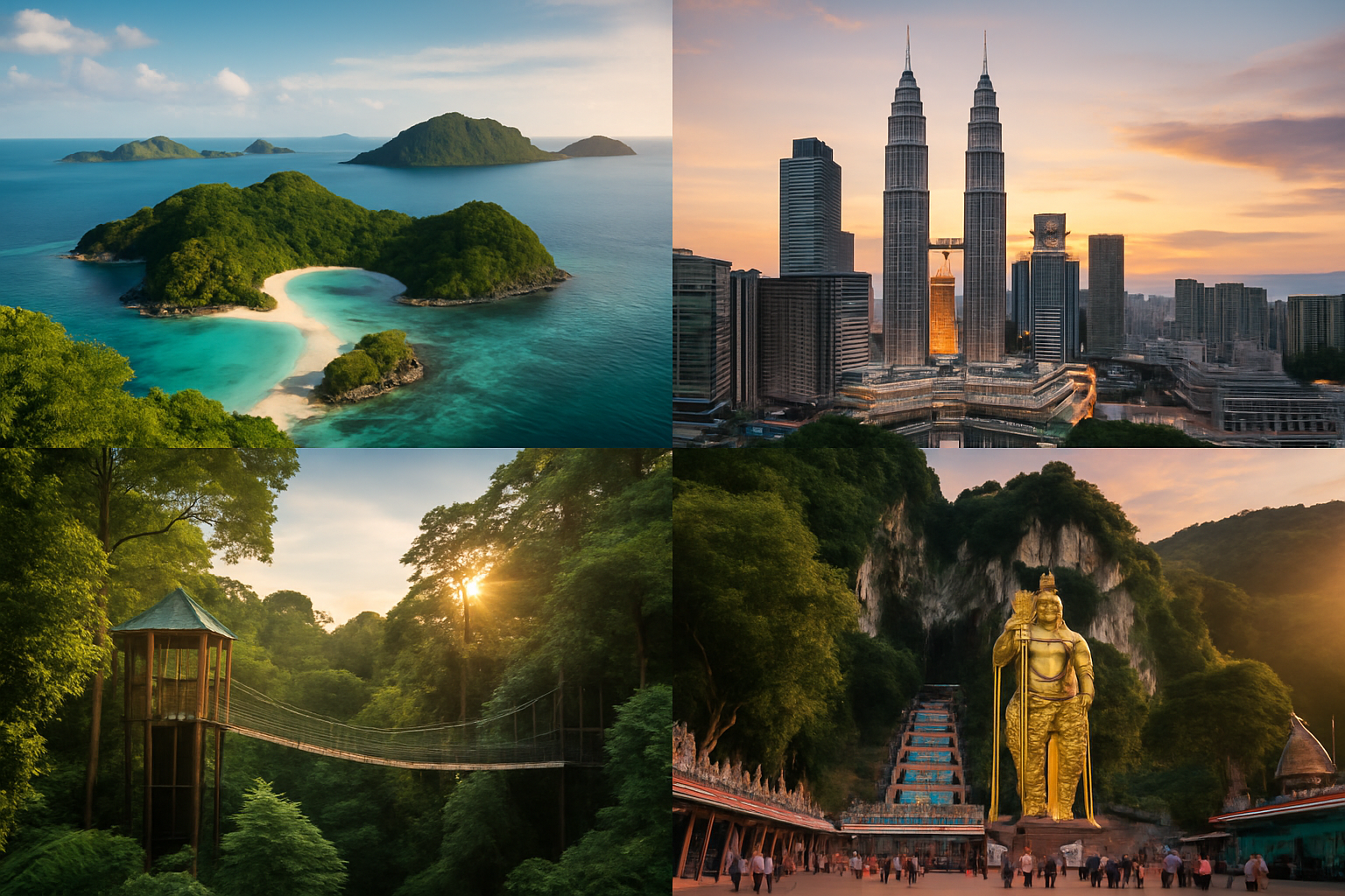 Malaysia tropical islands, modern skyline, rainforest and cultural landmarks