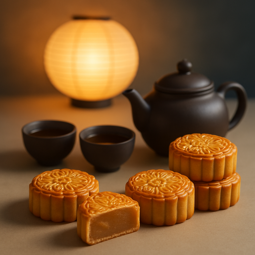 Mooncakes with tea and lantern glow