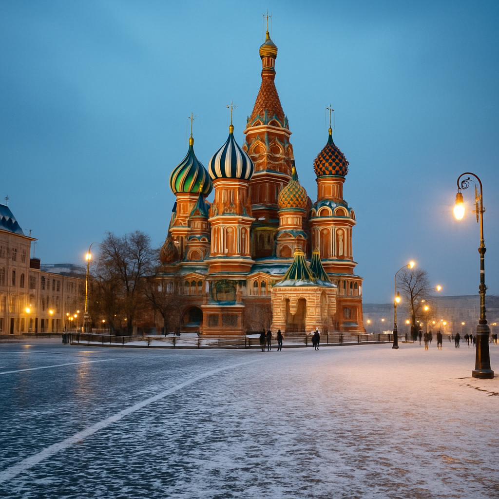 Red Square and Saint Basil's Cathedral in Moscow during a crisp winter morning