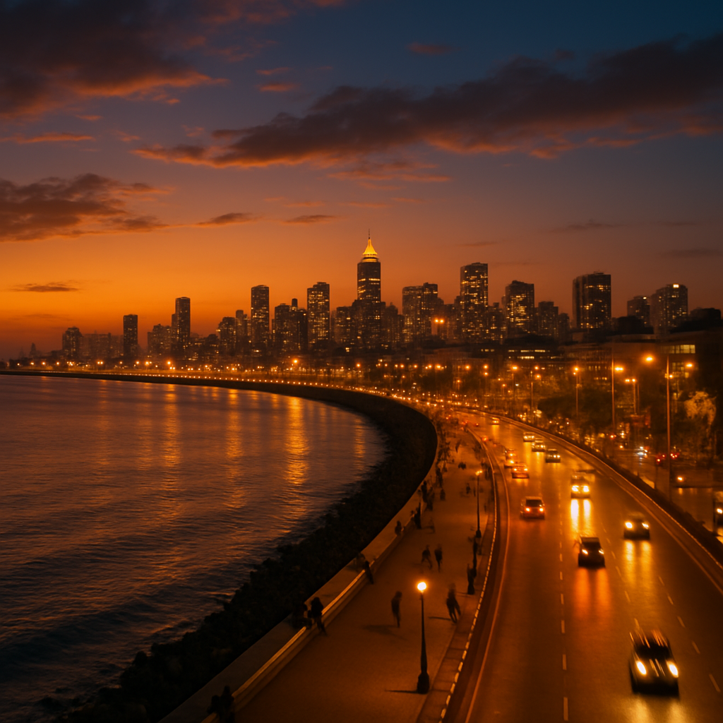 Mumbai skyline with coastal promenade at sunset