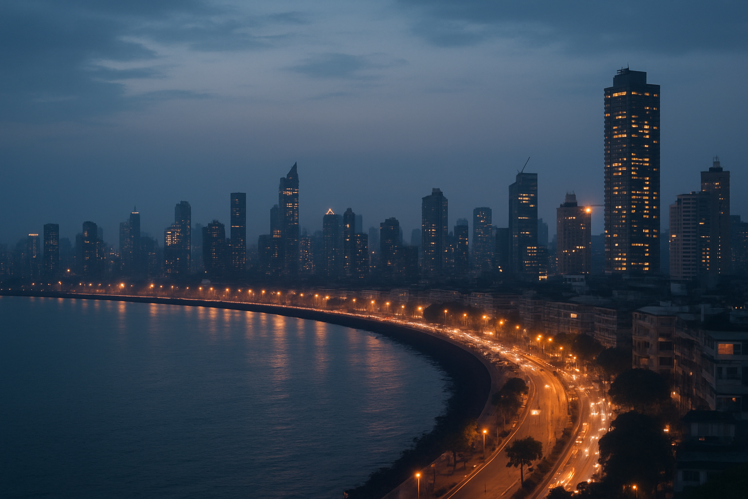 Mumbai waterfront skyline at dusk