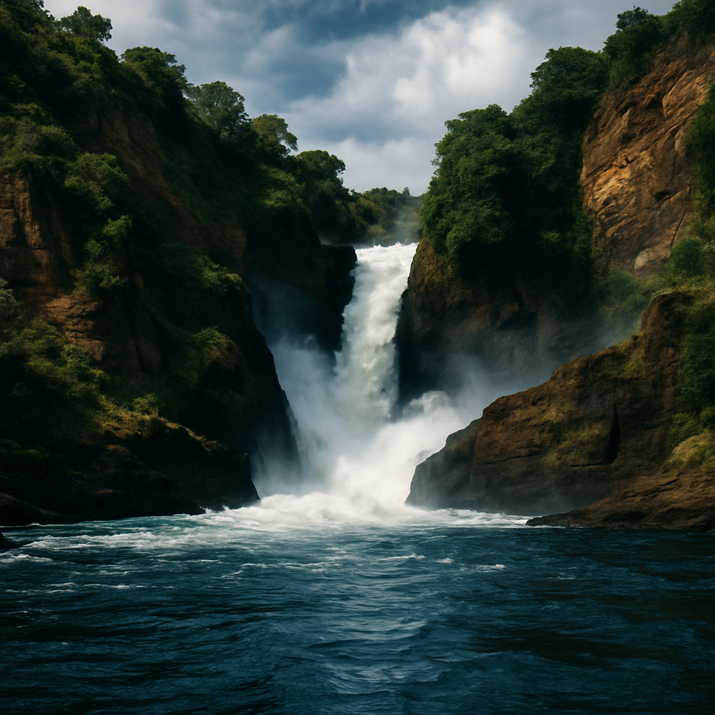 Murchison Falls with the Nile surging through a narrow gorge and mist rising