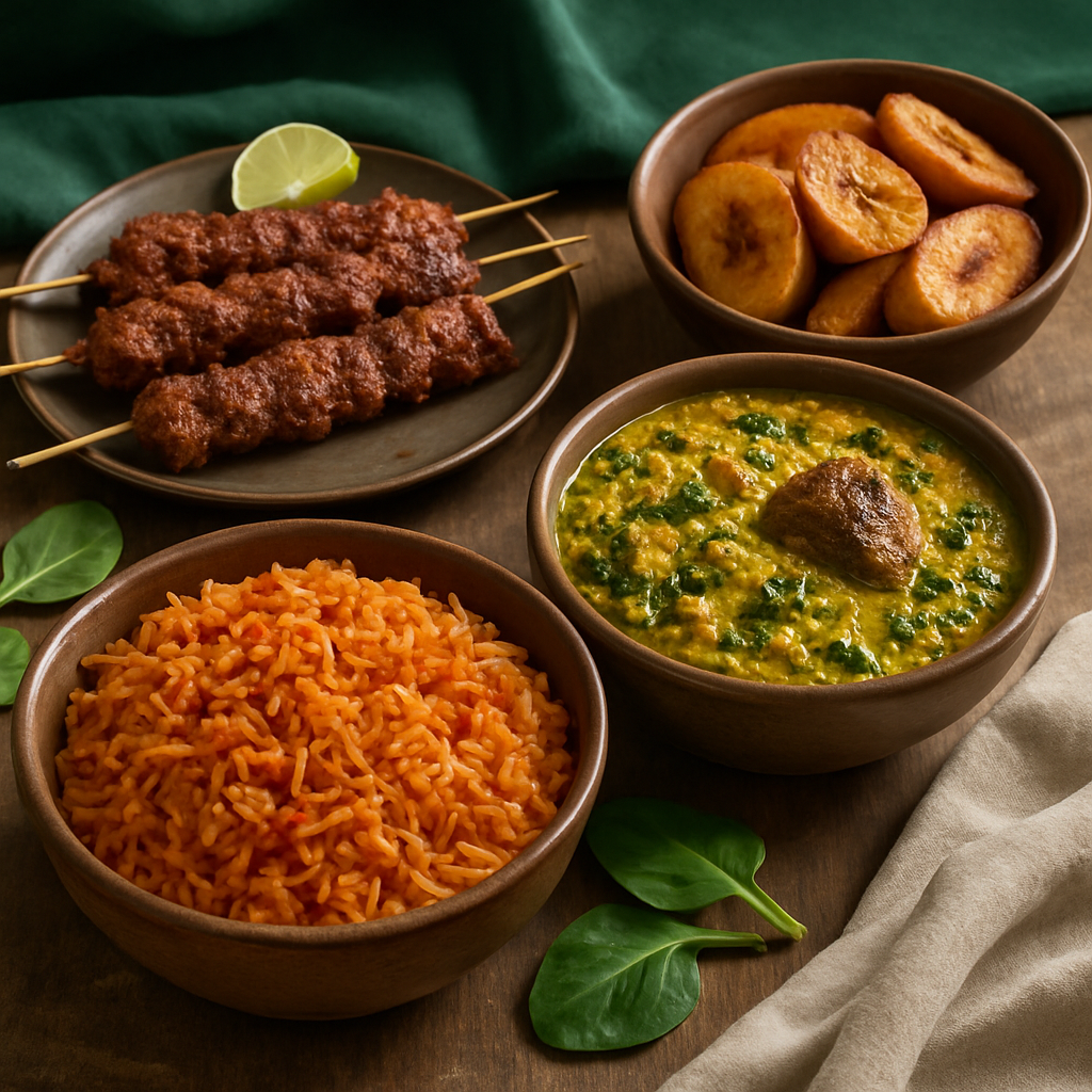 Nigerian dishes with jollof rice, suya skewers, and egusi soup