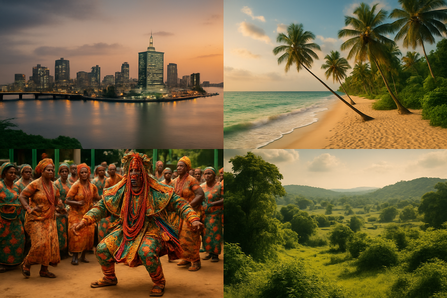 Vibrant Nigeria montage of city skyline, coastal beach, cultural festival, and lush landscape