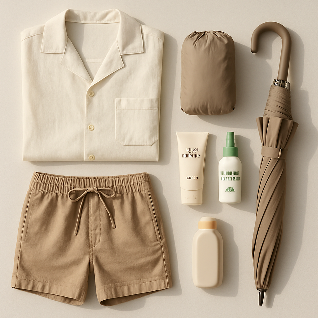 Travel essentials for hot and rainy weather, including light clothing and rain gear