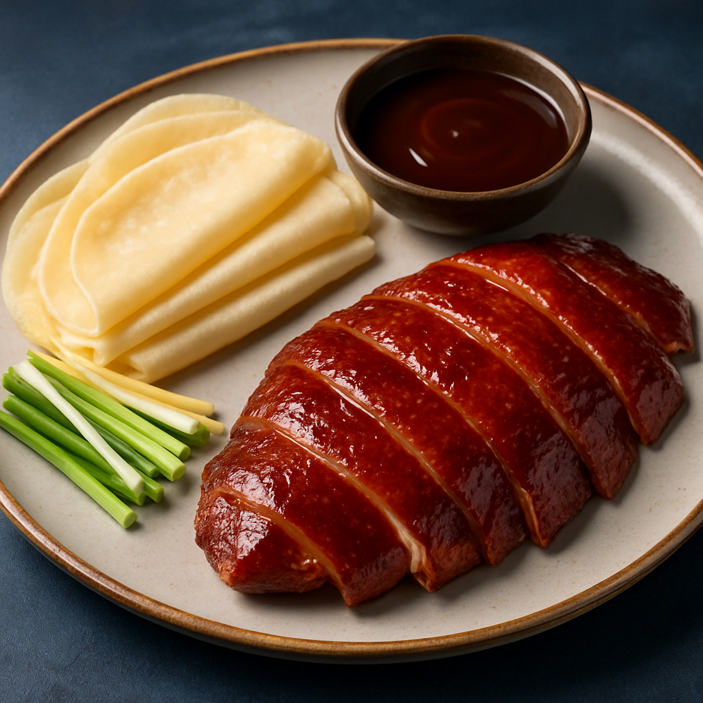 Crisp Peking duck platter with pancakes and garnishes