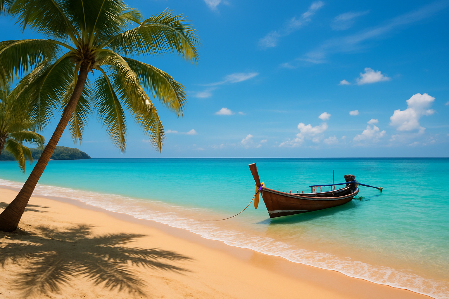 Phuket beach with turquoise water, palms, and long-tail boat