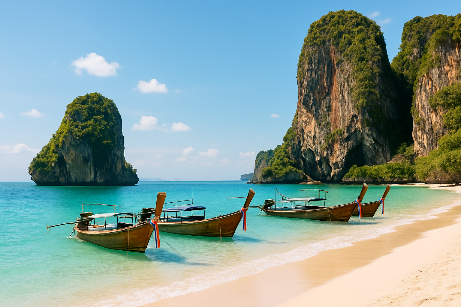 Tropical beach in Phuket or Krabi with limestone cliffs and turquoise water