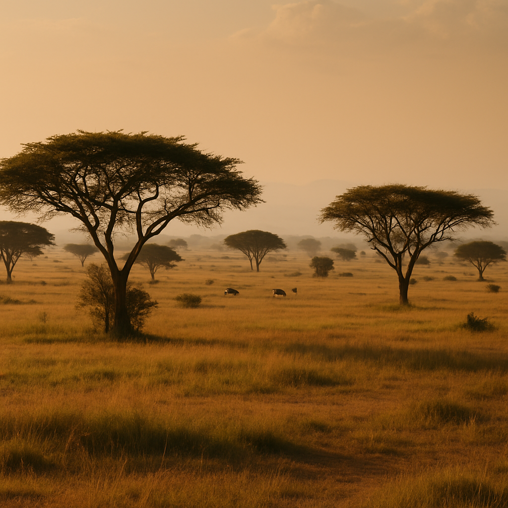 Savanna landscape in Queen Elizabeth National Park with acacia trees and distant wildlife