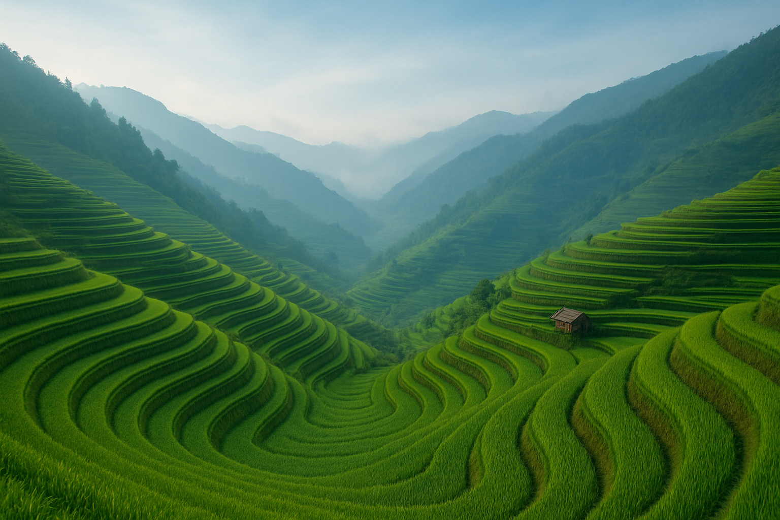 Lush green rice terraces in the northern highlands