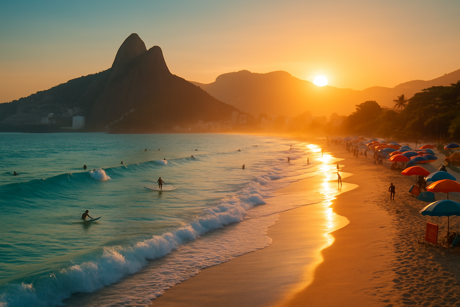 Rio de Janeiro with Sugarloaf Mountain and golden beach at sunset