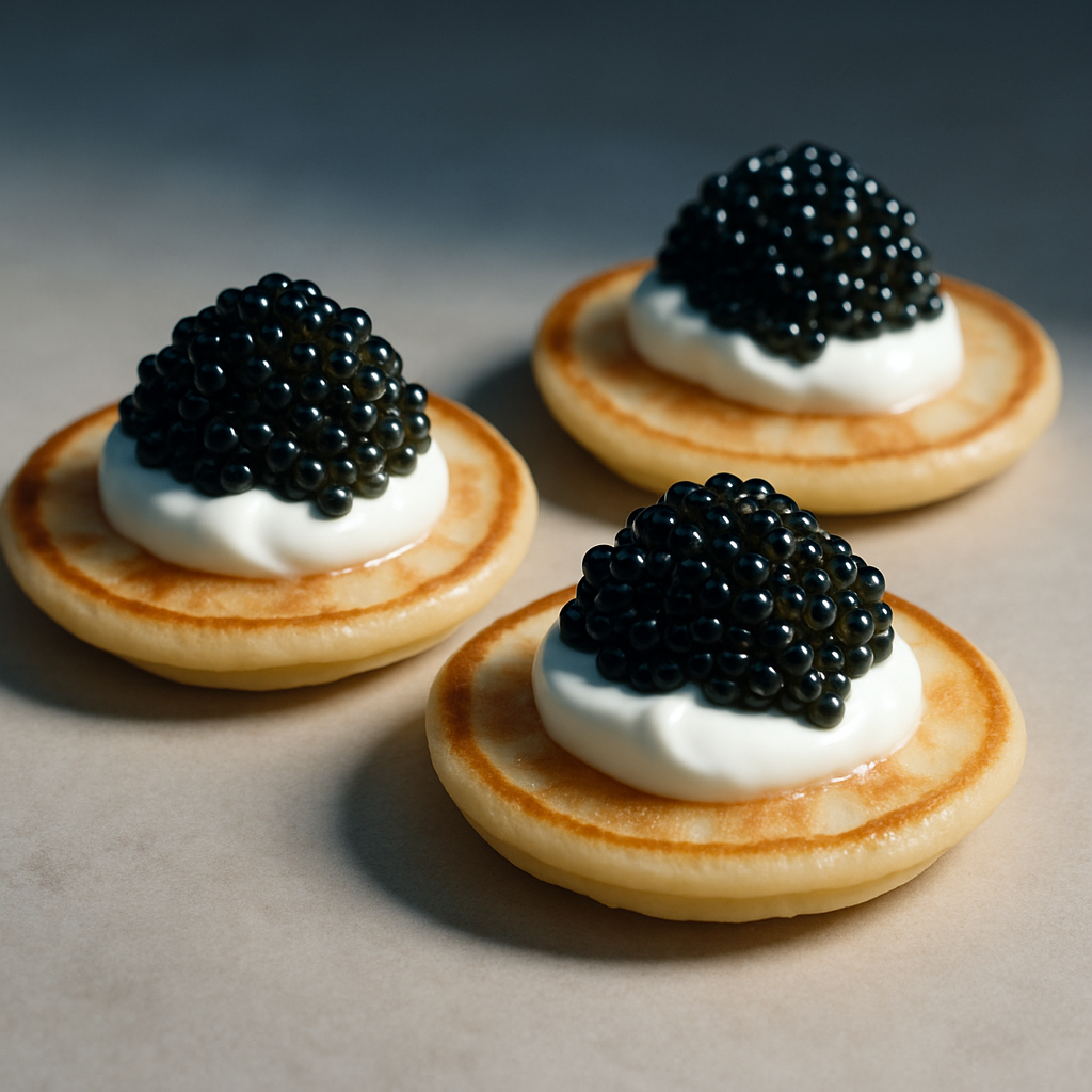 Blini topped with caviar and crème fraîche