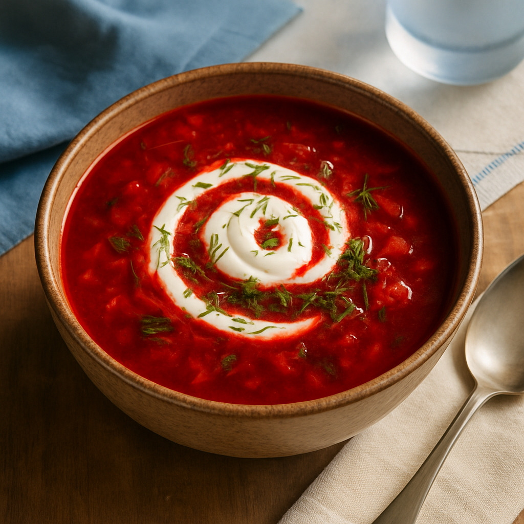 A hearty bowl of borscht with sour cream and dill