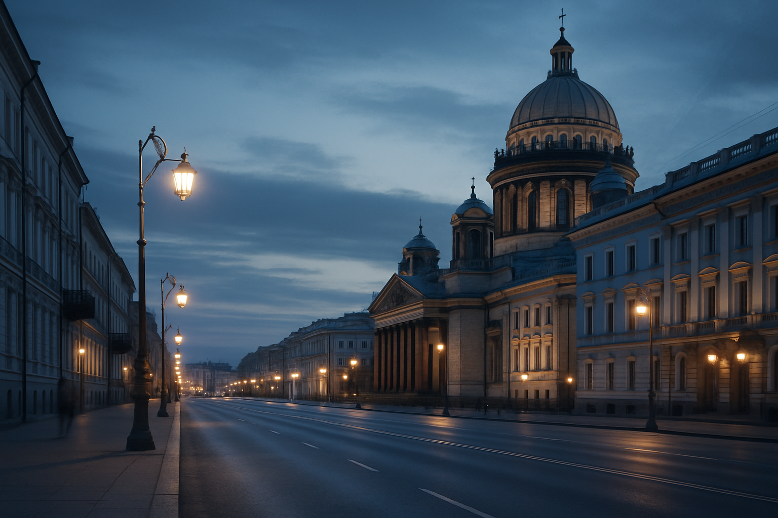 Elegant Russian city with ornate architecture, wide boulevards, and glowing twilight lights