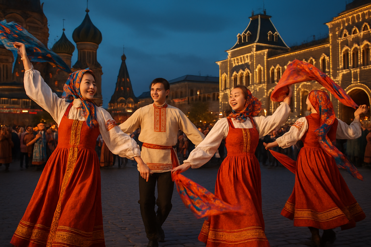 Russian folk festival with dancers in traditional attire and colorful scarves in a historic square